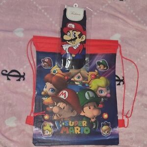 Super Mario Kids Red Drawstring Backpack with Character Socks